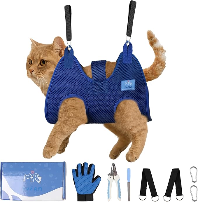 Pet Grooming Hammock for Cats &amp; Small Dogs – Nail Clipping Kit with Sling, Clippers, File, Glove, Straps &amp; Carabiners – Ideal for Trimming &amp; Ear Cleaning – [S/XS] (Pink, Extra-Small)