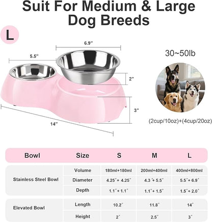 Elevated Dog Bowls Set - Non-Slip Raised Pet Feeder with Medium (10 oz) &amp; Large (20 oz) Stainless Steel Bowls - Includes Durable Resin Stand for Puppies, Adult Dogs &amp; Cats - Pink