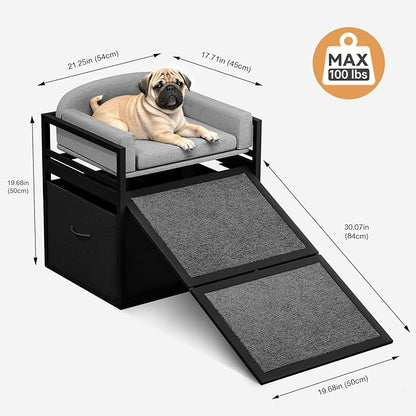 Pet Stairs Ramp Doggie Stairs with Seat &amp; Storage Drawers,Extra Wide Seat Mate Chair Puppy for High Bed Couch Office,Non Slip Dachshunds,Step for Small Dogs,Cat Ladder Grey(Hold Up to 100 lbs)