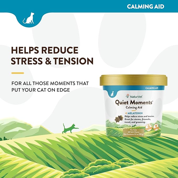 NaturVet –Quiet Moments Calming Aid for Cats Plus Melatonin – 60 Soft Chews – Helps Reduce Stress &amp; Promote Relaxation – Great for Storms, Fireworks, Travel &amp; Grooming