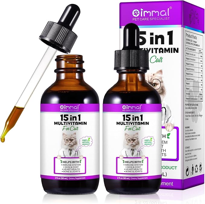 2PCS Liquid Multivitamin for Cat, 15 in 1 Cats Multivitamin Liquid Drops Supplements for Skin &amp; Coat, Heart Health, Bones and Joint, Cat Vitamins with Glucosamine and MSM, Immune System Support