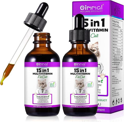 2PCS Liquid Multivitamin for Cat, 15 in 1 Cats Multivitamin Liquid Drops Supplements for Skin &amp; Coat, Heart Health, Bones and Joint, Cat Vitamins with Glucosamine and MSM, Immune System Support