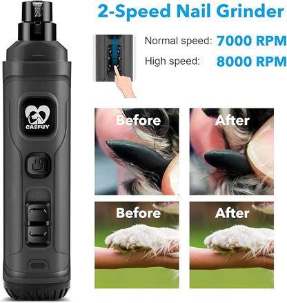 Casfuy Dog Nail Grinder with 2 LED Light - New Version 2-Speed Powerful Electric Pet Nail Trimmer Professional Quiet Painless Paws Grooming &amp; Smoothing for Small Medium Large Dogs and Cats (Grey)