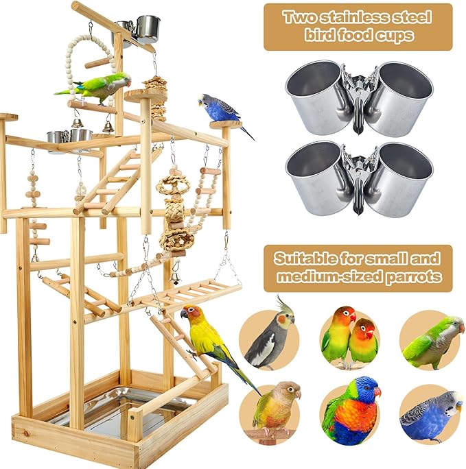 Bird Playground - Natural Wood Parrot Playstand with Perches, Bird Play Gym &amp; Accessories, Removable Tray &amp; 4 Stainless Steel Cups