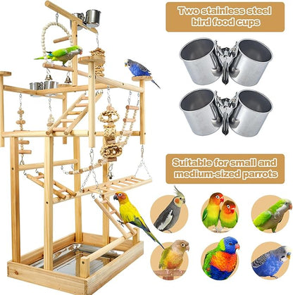Bird Playground - Natural Wood Parrot Playstand with Perches, Bird Play Gym &amp; Accessories, Removable Tray &amp; 4 Stainless Steel Cups