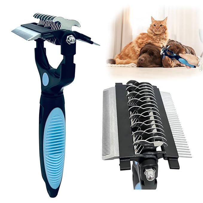 3-in-1 Pet Grooming Brush for Dogs &amp; Cats – Double Sided Deshedding Tool with Stainless Steel Teeth, Detangler Comb &amp; Undercoat Rake | Ergonomic Handle for Matted Fur Removal, Safe for Long/Short Hair