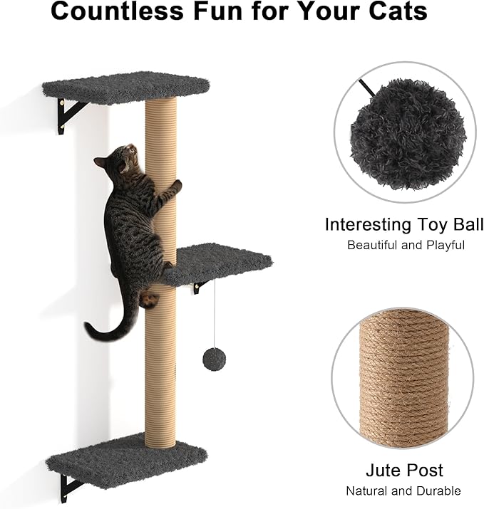 FUKUMARU Cat Wall Shelves, Stable &amp; Safe 4 in 1 Cat Furniture Set, Wooden Climbing Wall with Scratching Post for 16 Inch Drywall - Gray