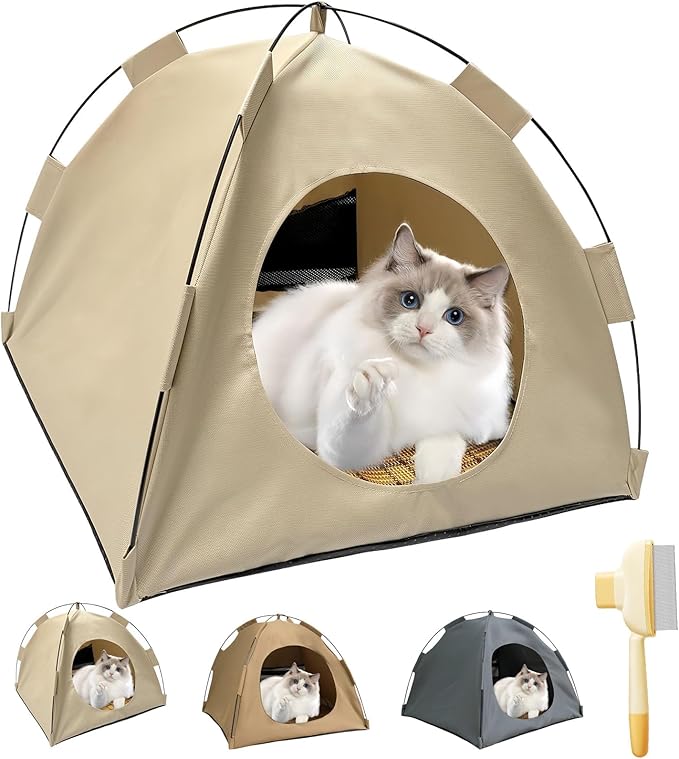 BreezyDen Pop-Up Pet Tent – Portable Hideaway for Cats &amp; Small Dogs, Portable Indoor/Outdoor Pet Tent House with Mesh Window, Waterproof, Breathable, Scratch-Resistant, Fully Washable (Beige,M)