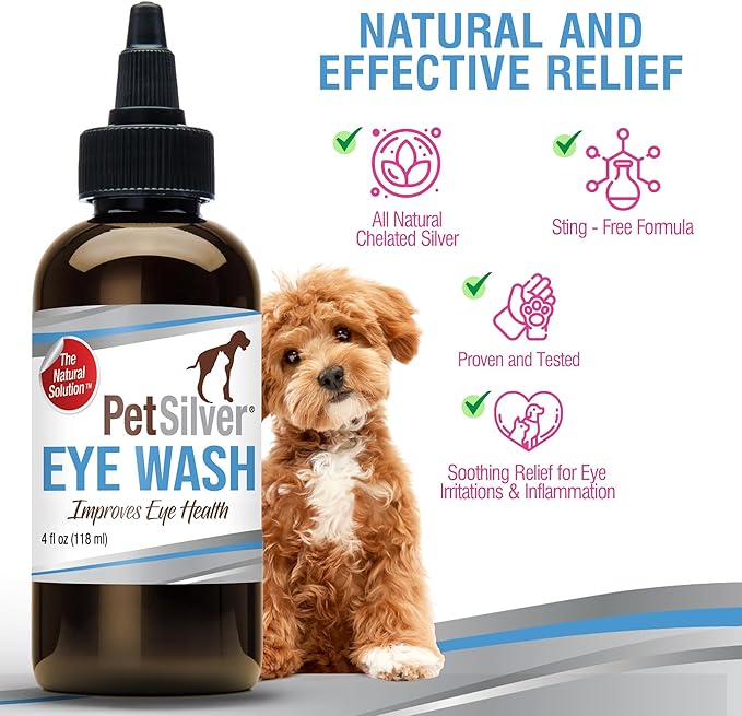 PetSilver Eye Drops for Dogs and Cats - Natural Dog Eye Wash - Relief for Inflammation &amp; Irritation - Pet Eye Cleaner and Tear Stain Remover - Patented Silver Formula - Made in The USA - 4 fl oz