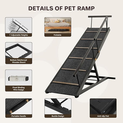 Pet Ramp Folding Portable Wooden Dog &amp; Cat Ramps for Couch or Bed, Including Non Slip Mat &amp; Safety Side Rails, 64.2 Inch Long and Height Adjustable from 13.4 Inch to 38 Inch Up to 110 Lbs