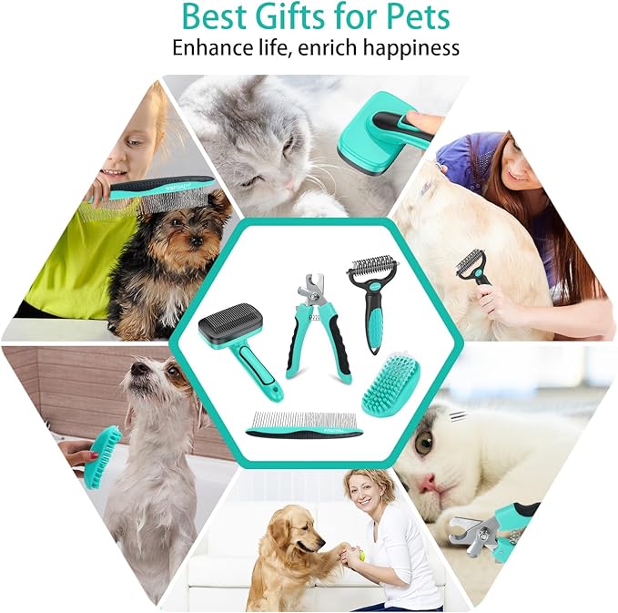 Dog Brush Kit for Grooming Short &amp; Long Haired Dogs &amp; Cats, 5 in 1 Pet Grooming Set for Small Animals, 5 PCS Puppy Self-Cleaning Slicker Brush and Pet Comb for Shedding Medium &amp; Large Dogs