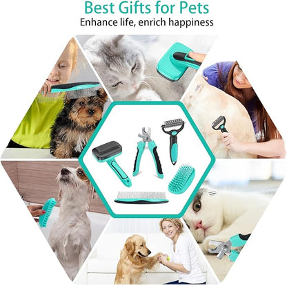 Dog Brush Kit for Grooming Short &amp; Long Haired Dogs &amp; Cats, 5 in 1 Pet Grooming Set for Small Animals, 5 PCS Puppy Self-Cleaning Slicker Brush and Pet Comb for Shedding Medium &amp; Large Dogs