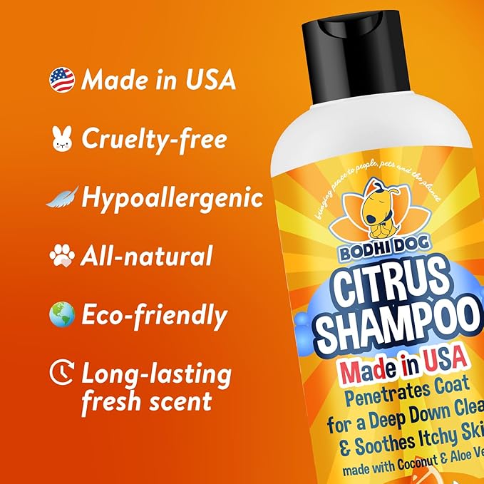 Bodhi Dog Refreshing Orange Citrus Shampoo - Deep Cleaning Coconut &amp; Aloe Formula - Natural Soothing, Moisturizing Pet Wash for Dogs, Cats, Puppies - Tear-Free (17 Fl Oz)