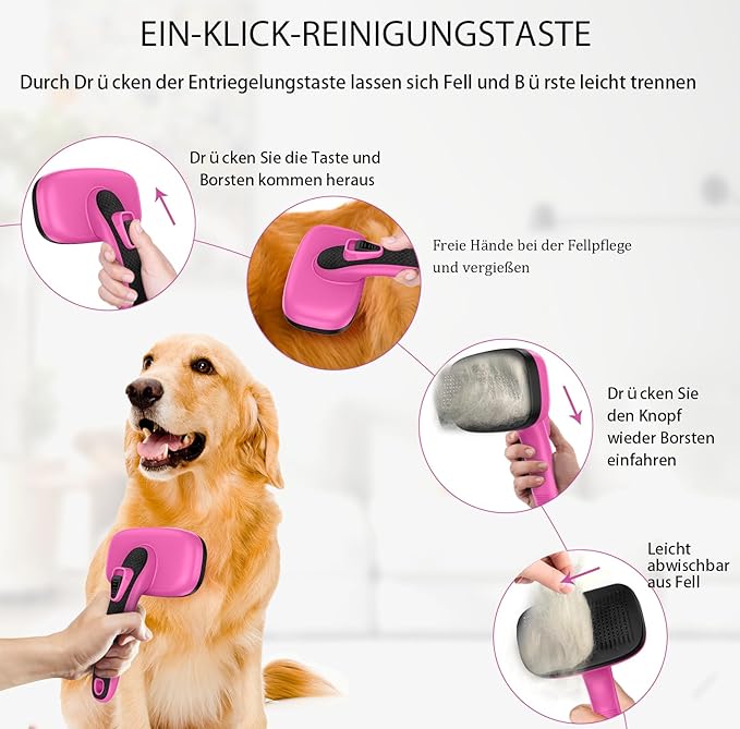 Dog Brush for Shedding &amp; Grooming, Self Cleaning Slicker with Retractable Pins for Short &amp; Long Haired Dogs &amp; Cats. Removes Loose Fur, Undercoat, Mats &amp; Tangles. Fits Large, Small Pet. Pink