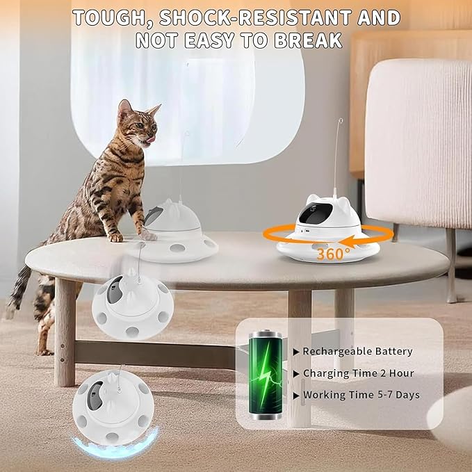3-in-1 Cat Laser Toy &amp; Interactive Automatic Motion-Activated Kitten Toy – 6 Holes Whack-A-Mole Feather &amp; Moving Ambush Fun – USB Rechargeable, Apply to – Indoor Exercise for Cats of All Breeds