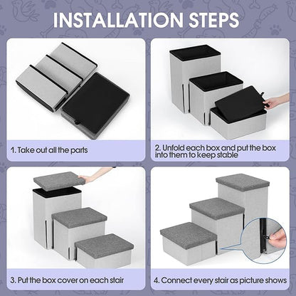 Heeyoo Dog Stairs with Storage, Foldable Dog Steps for Small Dogs, 3 Tiers Non-Slip Pet Stairs for High Beds Or Couch and Sofa, Hold up to 200 lbs Pet Cat
