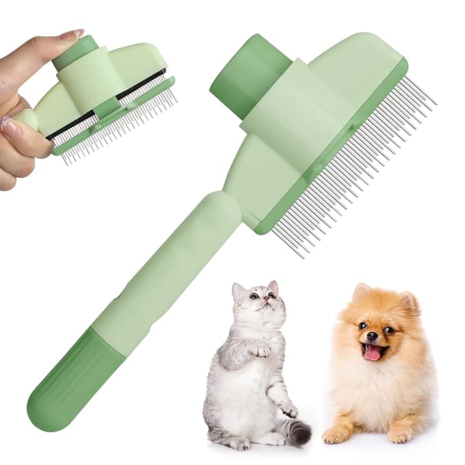 Flea Comb for Cat Hair Removal Comb, 2025 New Self-Cleaning Flea Brush for Cats and Dog, Comfort Cat Hair Removal Tool with Long &amp; Short Stainless Steel Metal Grooming Brush(Green)