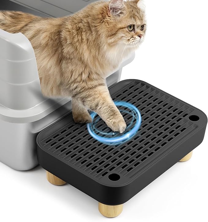 Cat Litter Box Step Ramp, Cat Litter Catcher Mat with Wooden Feet, Filter Function, Cat Pedal Stool for Self-Cleaning Cat Litter Box, Ideal for Kitten &amp; Elderly Cats (Black)