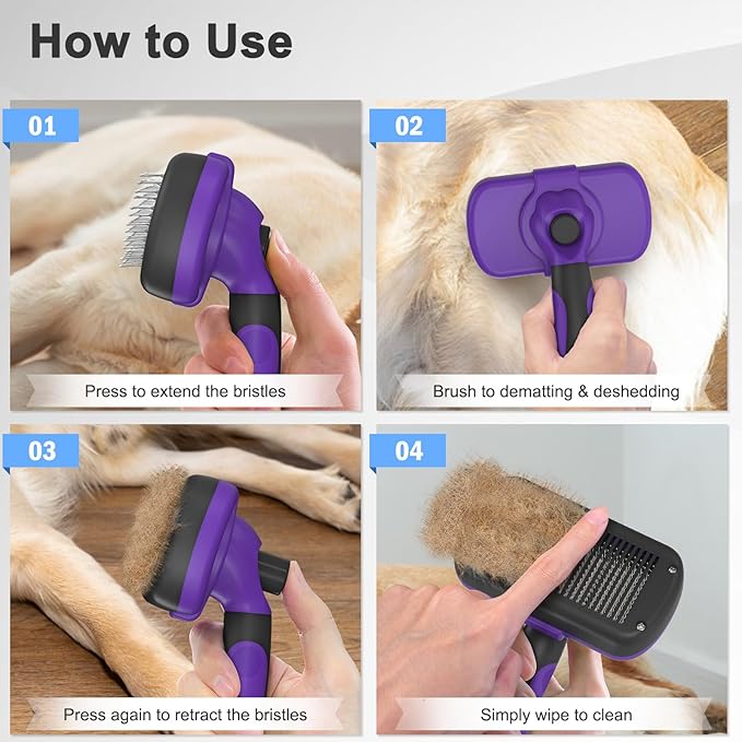 Self Cleaning Cat &amp; Dog Grooming Brush - Skin Friendly Deshedding Hair Brush for Haired Dogs &amp; Puppies, Purple