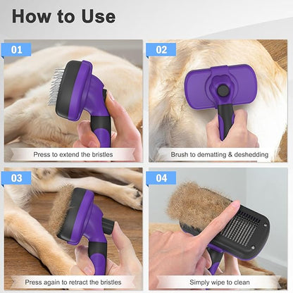 Self Cleaning Cat &amp; Dog Grooming Brush - Skin Friendly Deshedding Hair Brush for Haired Dogs &amp; Puppies, Purple