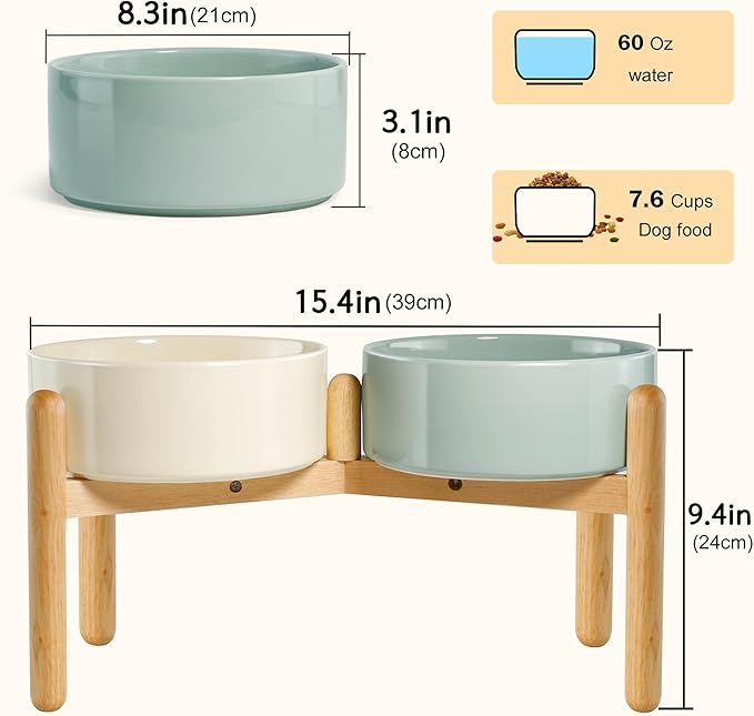 Wordcam Raised Ceramic Dog Bowls with Stand,Elevated Dog Dish, Pet Food and Water Feeder Set for Large Sized Dogs(9.4&