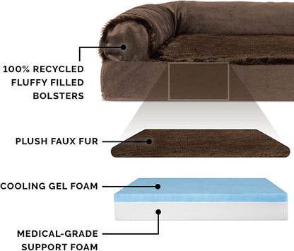 Furhaven Cooling Gel Dog Bed for Large Dogs w/ Removable Bolsters &amp; Washable Cover, For Dogs Up to 125 lbs - Plush &amp; Velvet L Shaped Chaise - Sable Brown, Jumbo Plus/XXL