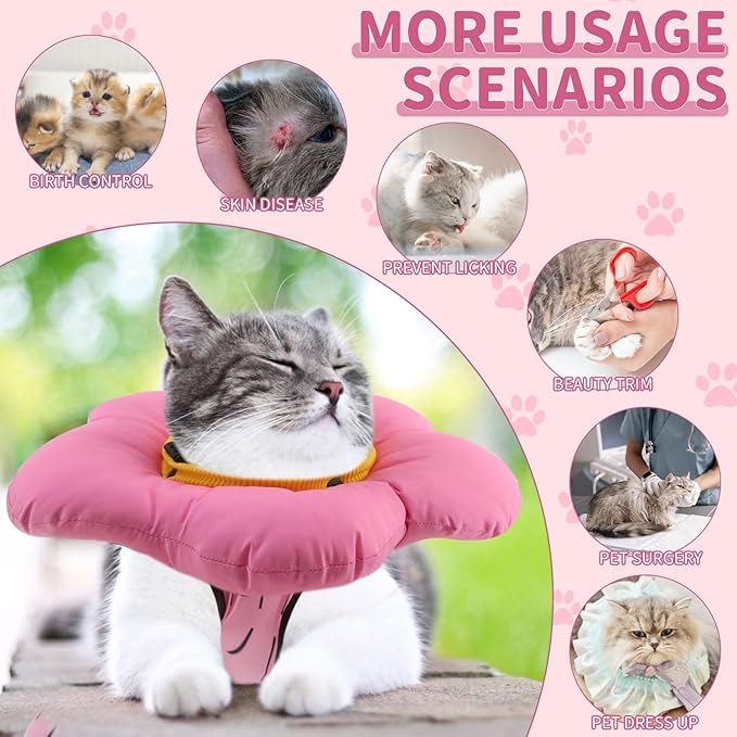 EMUST Cute Cat Recovery Suit &amp; Cone Collar Set - Soft, Adjustable Flower Collar for Female Kittens Under 4lb (Pink, S)