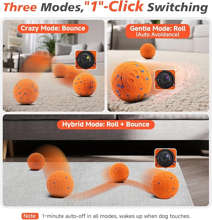 Interactive Dog Ball Toy, Automatic Moving Bouncing Rotating Smart Ball with 3 Modes, Durable E-TPU Material for Medium &amp; Large Dogs, IP54 Waterproof Stimulation Toy to Keep Dog Busy &amp; Active