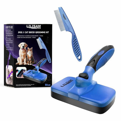 Pet Self Cleaning Slicker Brush and Grooming Comb - Gently Removes Loose Hair, Tangles, and Dirt - Skin Friendly Deshedding Grooming Tool for Hair Dogs &amp; Cats - Pet Supplies Accessories (Blue)