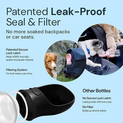 MalsiPree Dog Water Bottle - 19 Oz, Black, BPA-Free Stainless Steel - Portable &amp; Lightweight Water Dispenser with Bowl for Dogs - Leak-Proof &amp; No-Waste Design for Travel