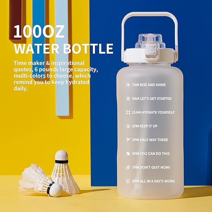 64oz,100oz,128oz Large Motivational Water Bottle with Time Marker, Leakproof &amp; BPA Free Half Gallon Big Water Bottle with Straw Handle Tritan Frosted Water Jug for Gym,Fitness,Outdoor Sports