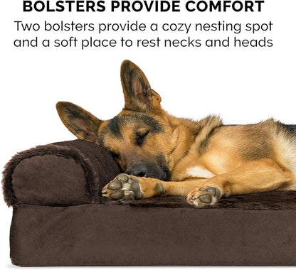 Furhaven Cooling Gel Dog Bed for Large Dogs w/ Removable Bolsters &amp; Washable Cover, For Dogs Up to 125 lbs - Plush &amp; Velvet L Shaped Chaise - Sable Brown, Jumbo Plus/XXL