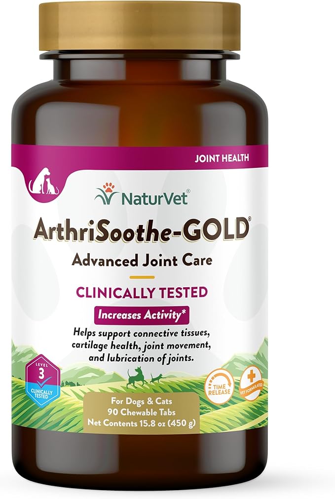 NaturVet – ArthriSoothe-GOLD – Level 3 Advanced Joint Care | Clinically Tested to Support Connective Tissue, Cartilage Health &amp; Joint Movement | Enhanced with Glucosamine, MSM, Chondroitin &amp; Green Lipped Mussel | For Dogs &amp; Cats | 90 Chewable Tablets