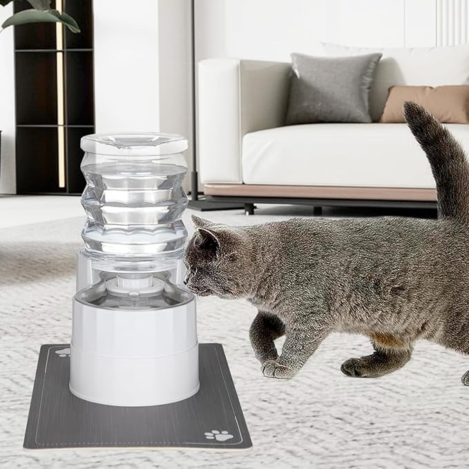 Sfozstra Automatic Gravity Water Dispenser: 5L White Stainless Steel Pet Bowl Waterer with Waterproof Pad - Raised Edge Water Feeder for Cats &amp; Small Dogs Indoor/Outdoor