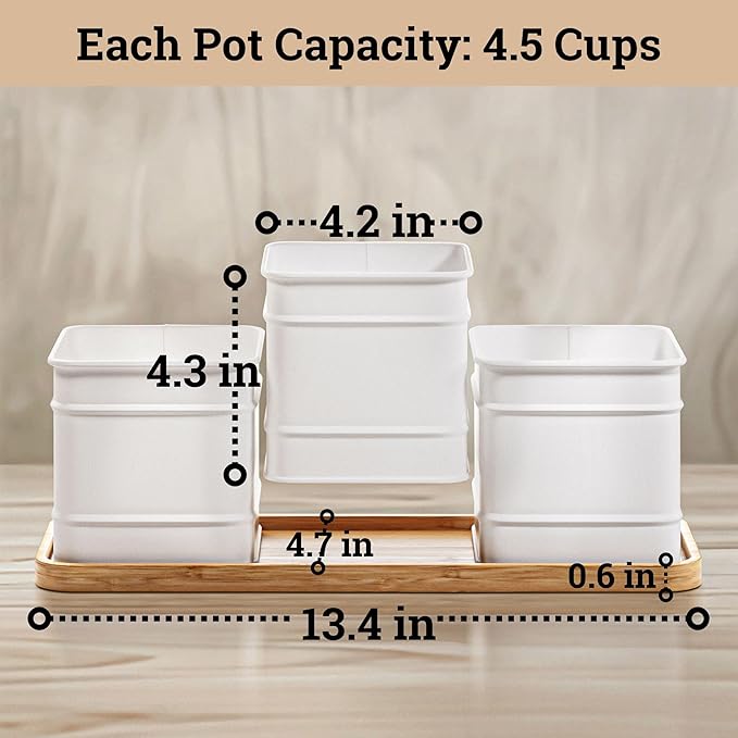 Herb Planter Indoor - 3 Iron Herb Pots with Drainage Holes, Varnished Bamboo Tray, Customizable Labels &amp; Marker Pen - Indoor Herb Garden Planter - 3 Pots for Herbs - Inside Spice Garden - Basil Pot
