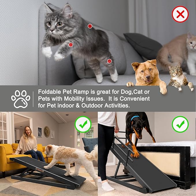 Aboron Antislip Folding Dog Ramp, Adjustable Pet Ramp for Bed/Couch/Car, Rubber Mat with High Traction, Great for Small &amp; Large Old Dogs &amp; Cats, Supports up to 200 lbs,63" Long