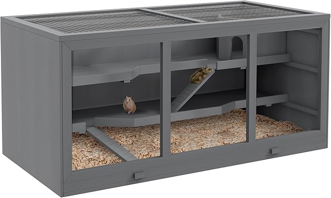 PawHut 45" Extra Large Wooden Hamster Cage, 3-Layer Chewproof Rat Cage with Opening Roof, Hut, Ramps, for Gerbil, Dwarf &amp; Syrian Hamsters, Gray