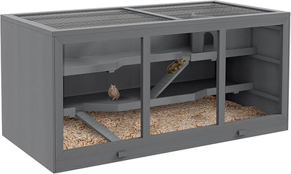 PawHut 45" Extra Large Wooden Hamster Cage, 3-Layer Chewproof Rat Cage with Opening Roof, Hut, Ramps, for Gerbil, Dwarf &amp; Syrian Hamsters, Gray