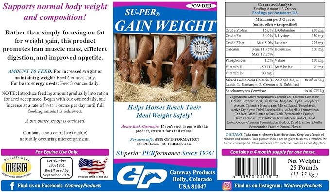 SU-PER Gain Weight for Horses - Equine Supplement Weight Gainer for Horses - Promotes Lean Muscle Mass, Digestion &amp; Appetite - 25 Pound, 4 Month Supply