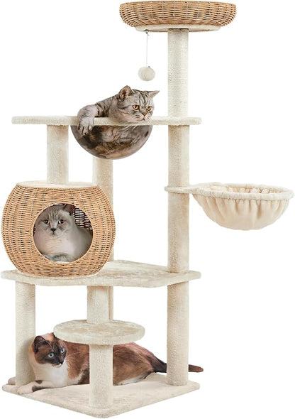 Yaheetech 54in Rattan Cat Tree, Modern Tower with Breathable Woven Condo, Scratching Posts &amp; Washable Cushions, Naturally Cool in Summer, Cute Furniture for Indoor Cats