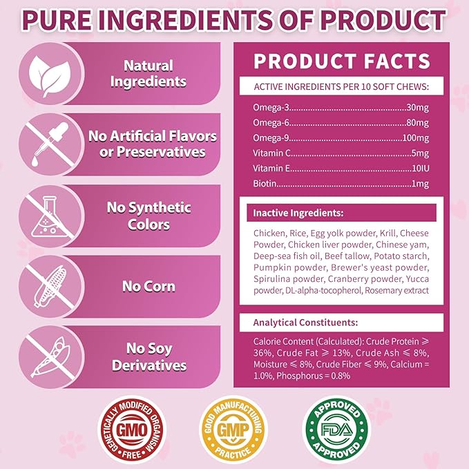 Natural Skin and Coat Support for Cats - Crunchy &amp; Creamy Chews with Omega 3, Biotin &amp; Vitamin E for Healthy Skin, Shiny Fur, Cat Supplements &amp; Vitamins -Chicken（500 Chews