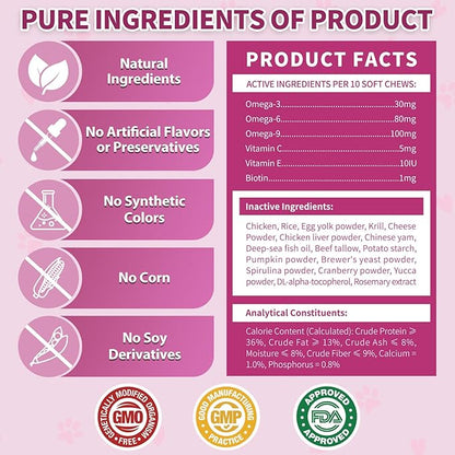 Natural Skin and Coat Support for Cats - Crunchy &amp; Creamy Chews with Omega 3, Biotin &amp; Vitamin E for Healthy Skin, Shiny Fur, Cat Supplements &amp; Vitamins -Chicken（500 Chews