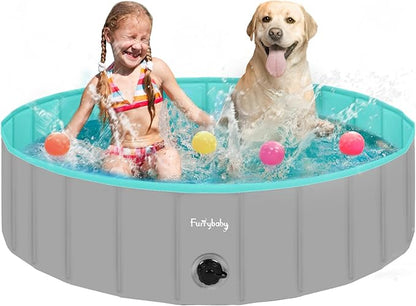 Furrybaby Dog Pool, Kiddie Pool Hard Plastic Foldable Dog Pools for Large Dogs Portable Pet Doggie Wading Swimming (Grey 47&