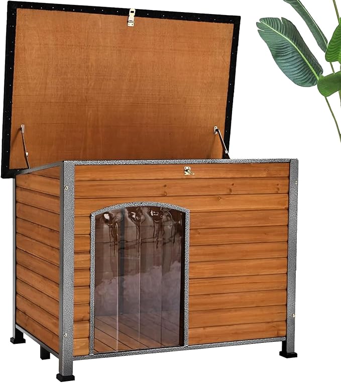 Wooden Dog House Outdoor with Iron Frame, Weatherproof Dog Kennel with Removable Floor, Anti Bite Puppy Shelter with Openable Roof (Brown, 33.5&