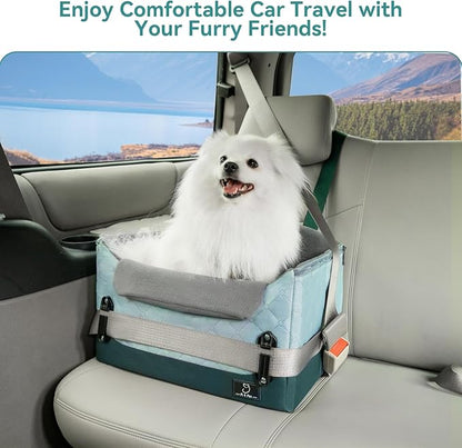 A 4 Pet Dog Car Seats for Small Dogs, Booster Car Seat with Patent Buckles &amp; Clip-On Safety Leash, Pet Seat for Puppy Small Dogs Cats Under 25 Lbs, Green