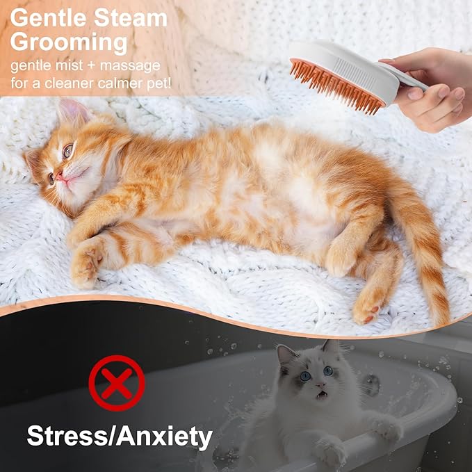 Steam Brush for Cat &amp; Dog – 3-in-1 Spritz Pet Spray Hair Removal Comb for Grooming &amp; Shedding Steam – Water Brush for Long &amp; Short Haired Pets– Includes Two Bottles Waterless Shampoo