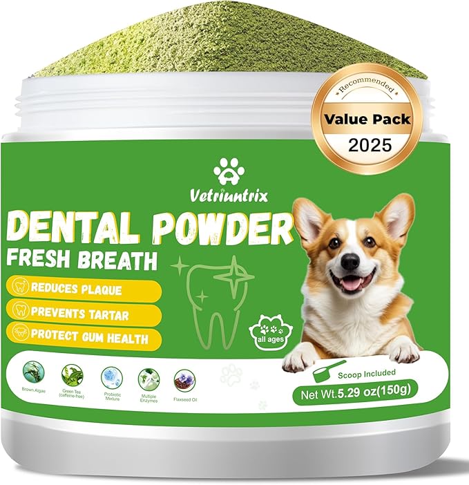 Dog Dental Care Powder - Plaque &amp; Tartar Control with Natural Enzymes, Teeth Cleaning Powder for Dogs with Probiotic, Bad Breath Treatment for Small Medium Large Dogs
