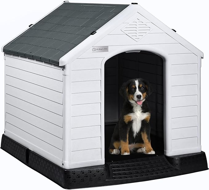 LEMBERI Durable Waterproof Plastic Dog House for Small to Large Sized Dogs, Indoor Outdoor Doghouse Insulated Puppy Shelter with Elevated Floor, Easy to Assemble (Gray, 34&