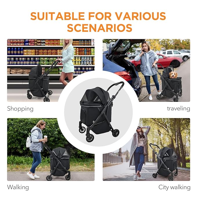 Pet Stroller for Small Dogs – No-Zip Deep Seat, Lightweight Compact Dog Stroller for Small Dogs &amp; Cats with Reflective Trim Storage Basket Soft Waterproof Pad,Foldable Universal Coche para Perro