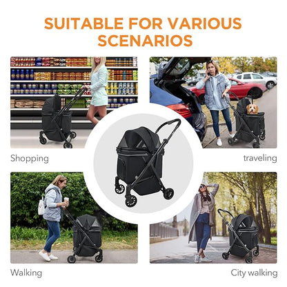 Pet Stroller for Small Dogs – No-Zip Deep Seat, Lightweight Compact Dog Stroller for Small Dogs &amp; Cats with Reflective Trim Storage Basket Soft Waterproof Pad,Foldable Universal Coche para Perro